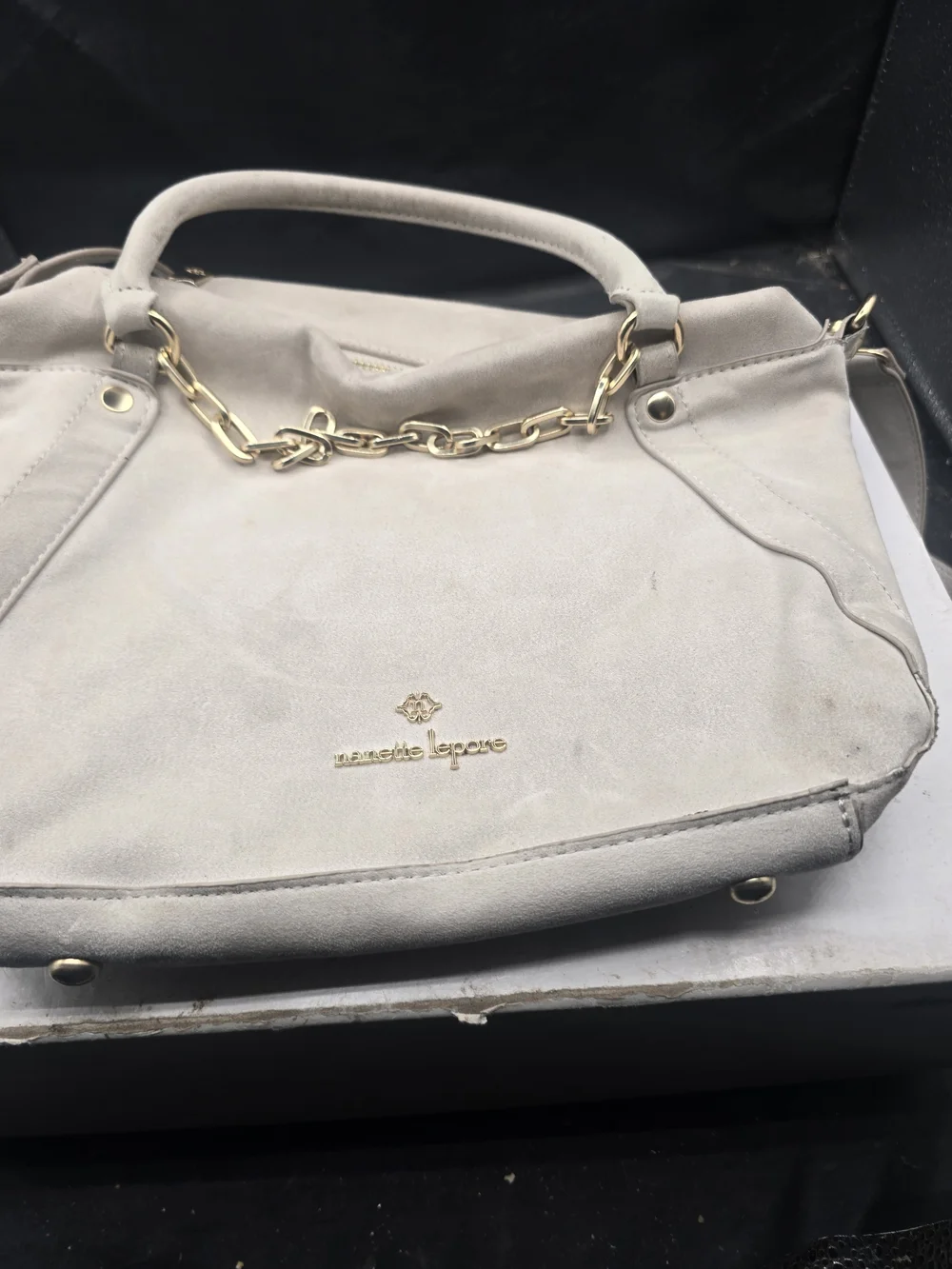 Nanette Lepore Light Gray Suede Crossbody Bag with Gold Chain